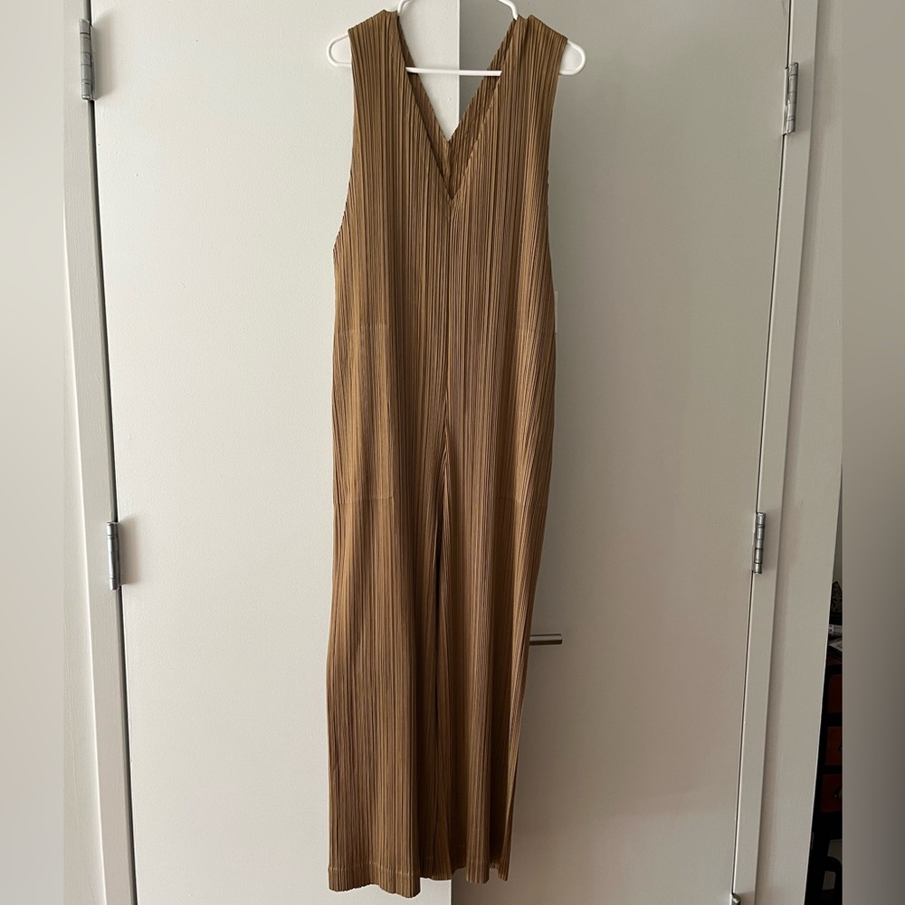 Issey Miyake Pleats Please Camel V-Neck Wide-Leg Jumpsuit Brand New with Tags